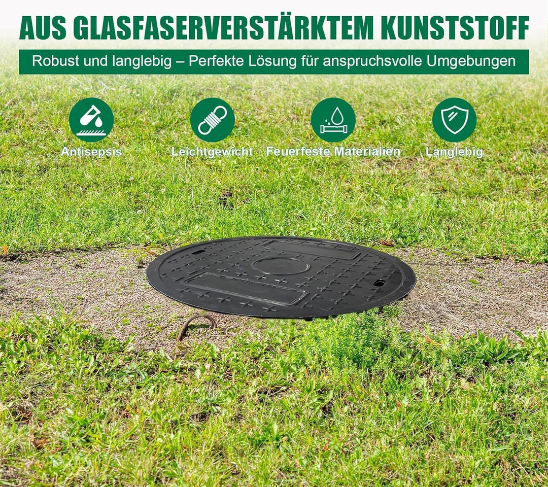 GFK-Schachtabdeckung Rund DN 450 (Lichte Weite 450 mm) – Deckel Ø500 mm, Rahmen Ø570 mm – B125 befah