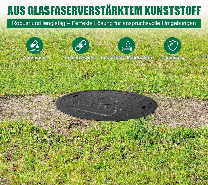 GFK-Schachtabdeckung Rund DN 450 (Lichte Weite 450 mm) – Deckel Ø500 mm, Rahmen Ø570 mm – B125 befah