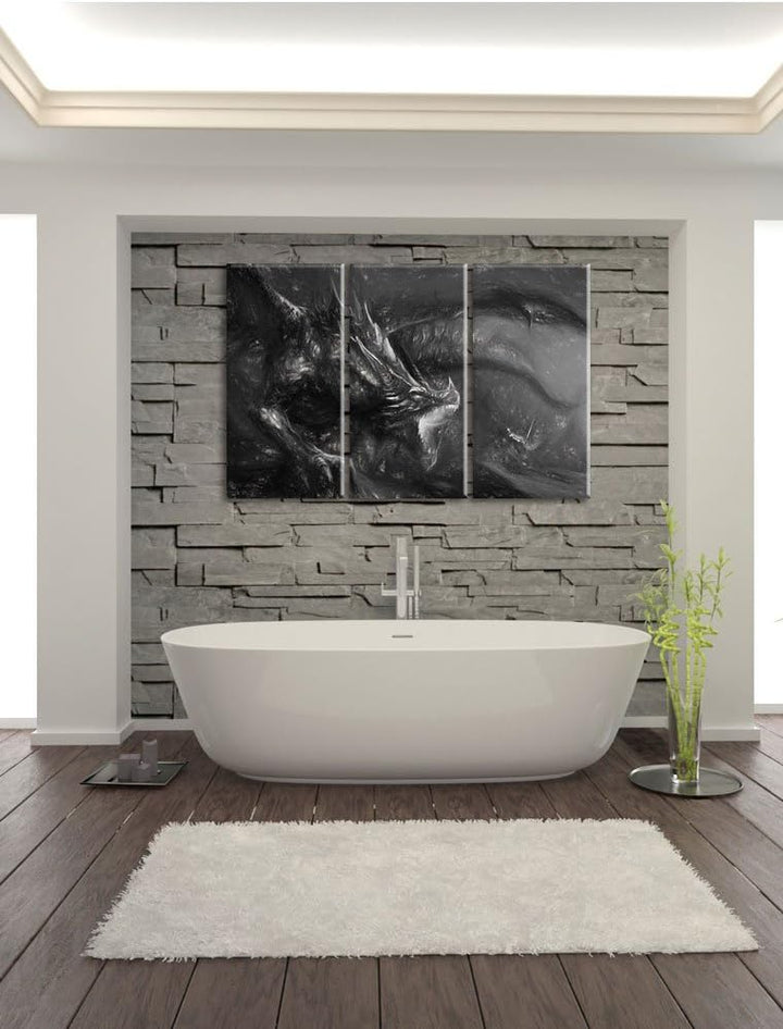 Pixxprint Kampf zwischen Mensch und Drache als Leinwandbild/Grösse: 3 Teilig (120x80 cm) cm/Wandbild