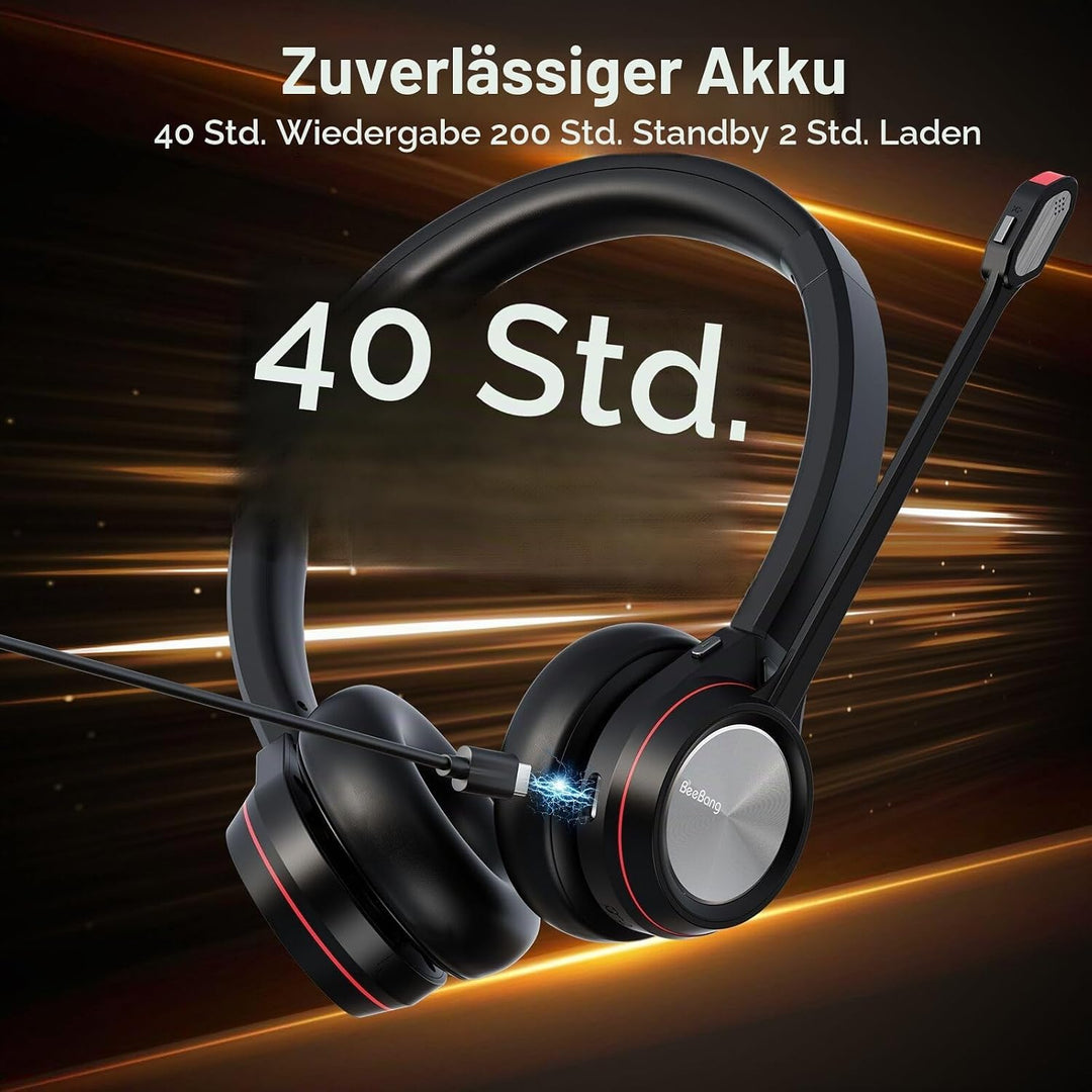 Bluetooth Headset mit Mikrofon Noise Canceling, Wireless Headset mit USB Dongle für PC, 40 Stunden S