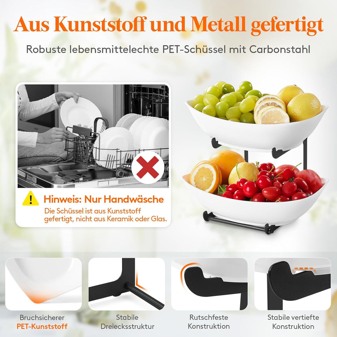 Lifewit Obst Etagere mit 2 Etagen, Obstschalen aus Kunstsoff mit Schwarzem Metallregal, Obstkorb Eta