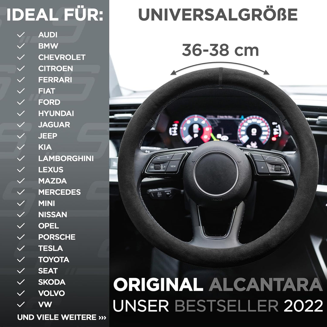 S-TETIC® Premium Lenkradbezug Alcantara® | Echtes Alcantara | Schwarze 12-Uhr Markierung | Universal