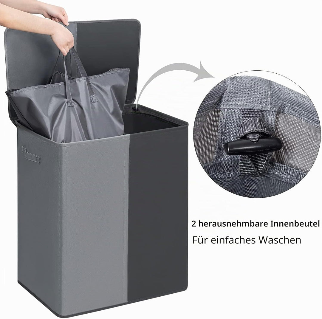 WOWLIVE 154L Wäschekorb, Wäschesammler 2 fächer mit Deckel, grosser Wäschekorb und abnehmbare Wäsche