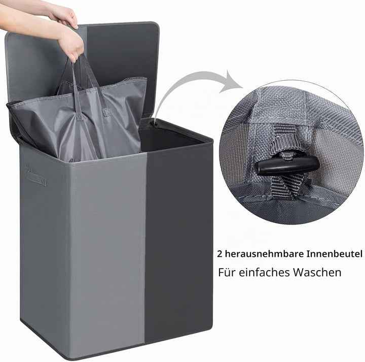 WOWLIVE 154L Wäschekorb, Wäschesammler 2 fächer mit Deckel, grosser Wäschekorb und abnehmbare Wäsche