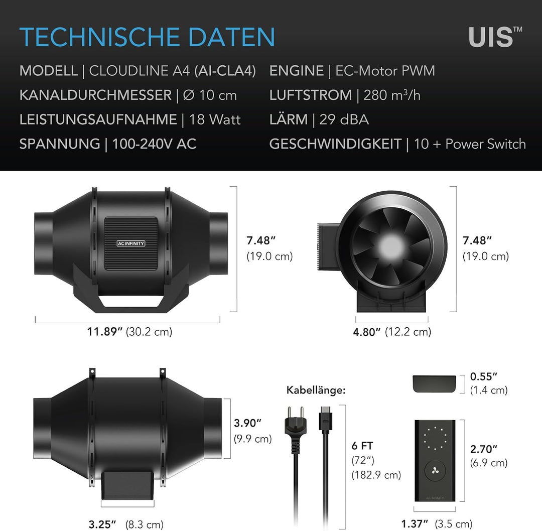 AC Infinity CLOUDLINE LITE A4, leiser 10,2 cm Inline-Kanalventilator mit Geschwindigkeitsregler – Be