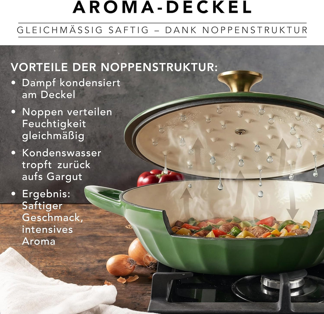 Römertopf Schmorpfanne Gusseisen 28 cm 2,4 L mit Deckel, Tiefgrün, Tiefgrün