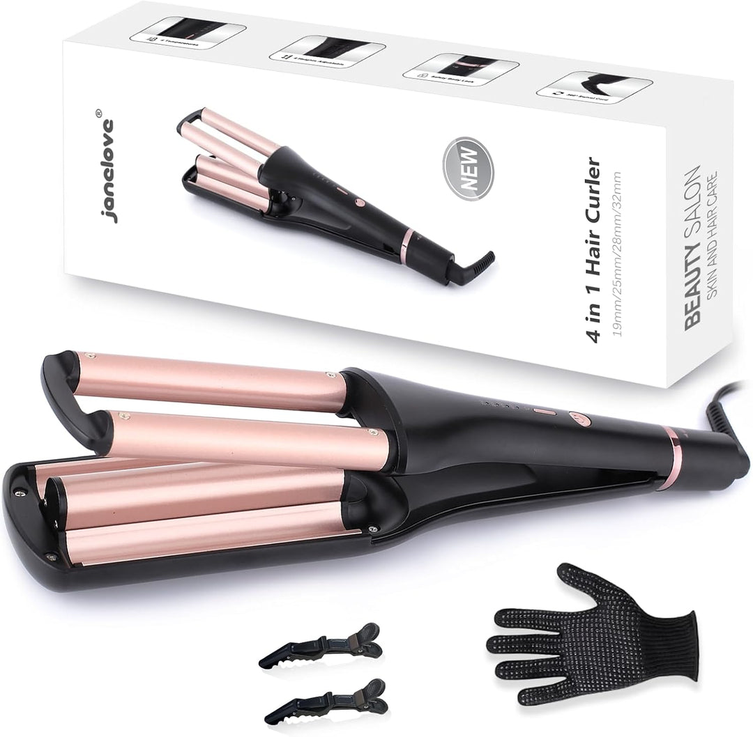 [19/25/28/32mm] Welleneisen für Haare - janelove 4-in-1 Lockenstab für Beach waves/Natürlich Wellen/