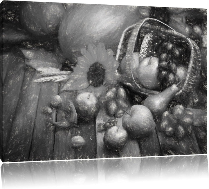 Pixxprint Herbstlicher Obstkorb Kohle Zeichnung Effekt, Format: 100x70 auf Leinwand, XXL riesige Bil