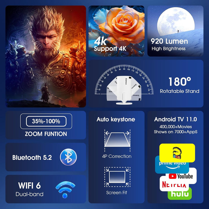 [Bulit-in App] Mini Beamer 1080P FHD 4K 2024 Projektor Dual Control mit Maus Android TV Auto Keyston