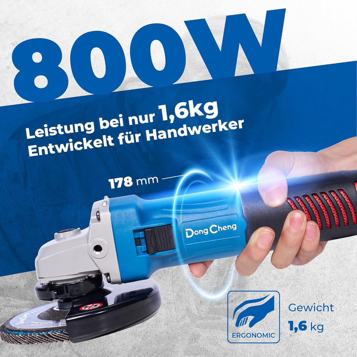 DongCheng Winkelschleifer 800W, Scheiben-Ø: 125 mm, 11,800min-1,Schnellverschlussabdeckung, Zusatzgr