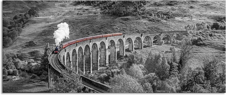 Glasbild Panorama | Wandbild aus Echtglas | Eisenbahnviadukt in Schottland | 100x40 cm | inkl. Aufhä
