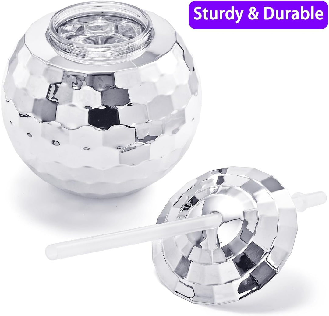 Nicunom 6 Stück 540 ml Discokugelbecher mit Deckel und Trinkhalmen Wiederverwendbar, silberfarben, D