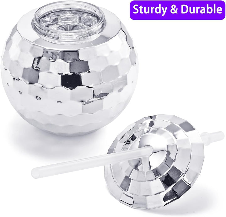 Nicunom 6 Stück 540 ml Discokugelbecher mit Deckel und Trinkhalmen Wiederverwendbar, silberfarben, D