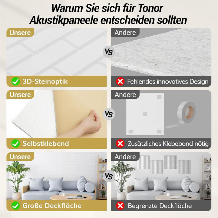 TONOR Ziegeltyp Akustikpaneele selbstklebend, 4 St.120x60x0,9cm Schalldämmung Schallschutzplatten, W