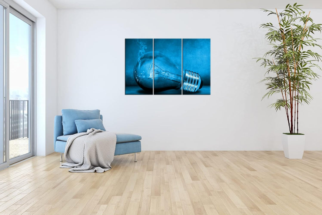 deyoli leuchtende Glühbirne Format 120x80 3Teilig Effekt: Monocrome Blau als Leinwandbild, Motiv fer