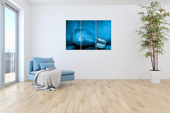 deyoli leuchtende Glühbirne Format 120x80 3Teilig Effekt: Monocrome Blau als Leinwandbild, Motiv fer