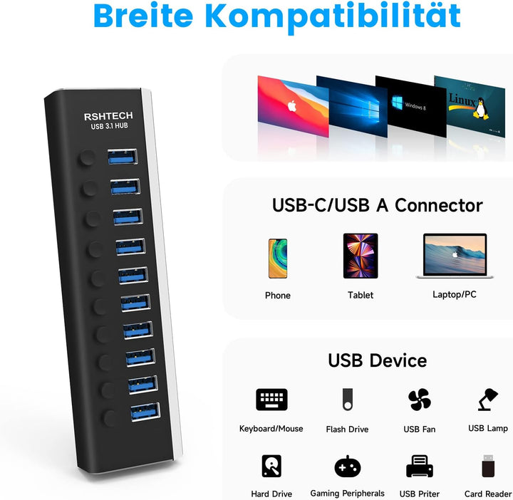 RSHTECH USB 3.1 Hub mit Netzteil 36W, mit 10*10Gbps USB 3.2-Port Aluminium USB Hub 3.2 Gen2 Aktiv mi