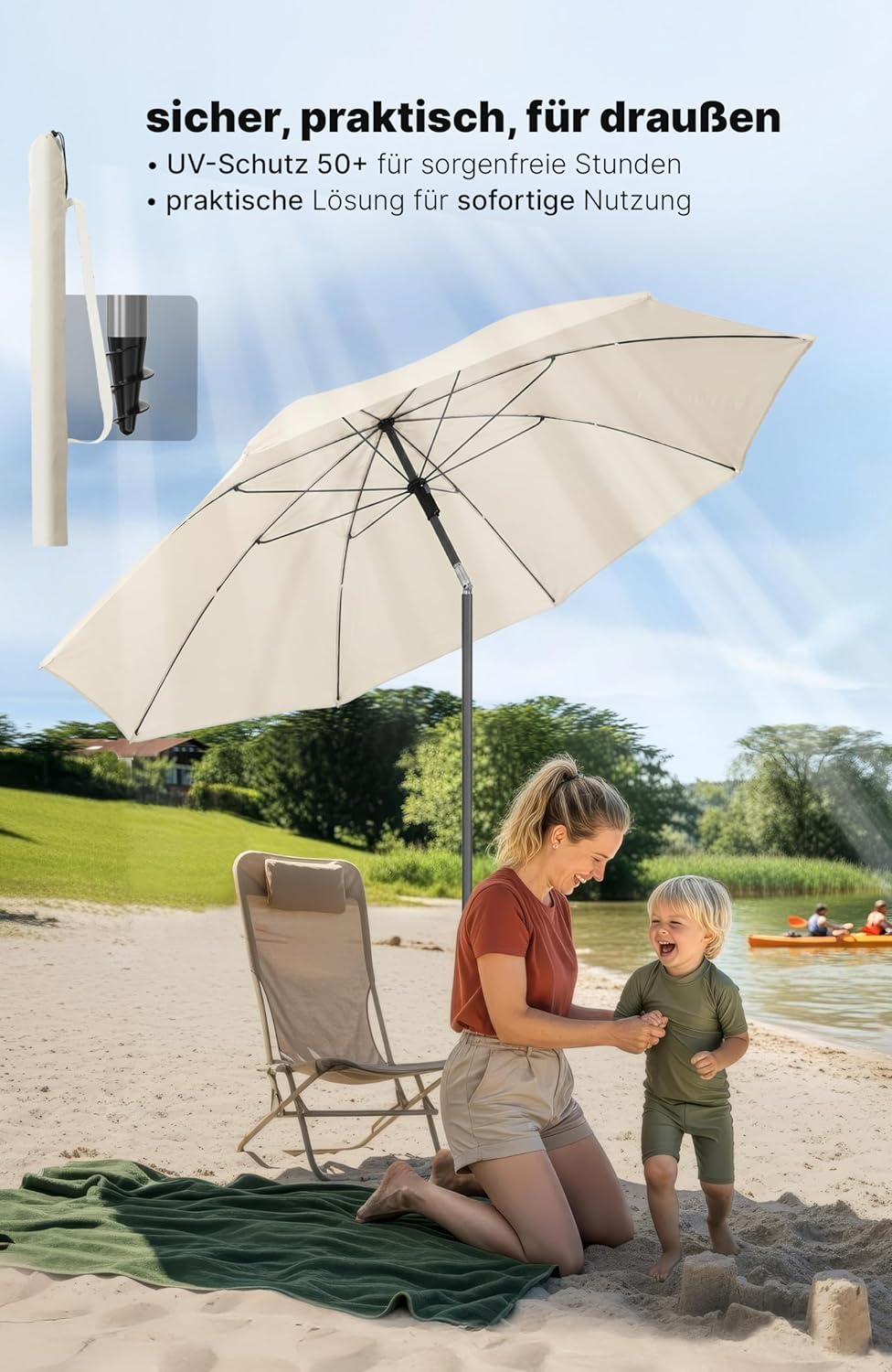 4smile Sonnenschirm Strand SunnyJoy, Beige - UPF 50+ Strandschirm Ø 180 cm, sicherer Sonnenschutz St