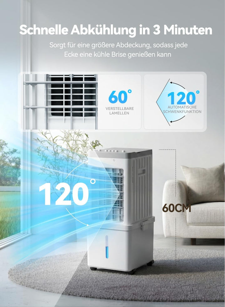 Mobile Klimaanlage, 3-in-1 Luftkühler, Verdunstungskühler, 12L Wassertank, 3 Kühlakkus, 3 Geschwindi