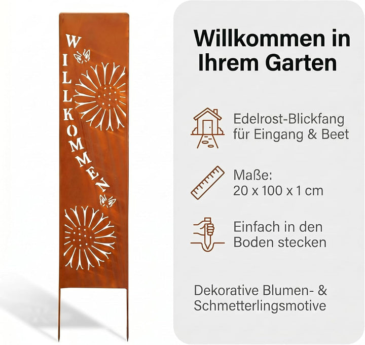 levandeo Stele Willkommen Garten-Deko 20x100cm Eisen Rost Rostdeko Braun Gartenstecker Gartenstele E