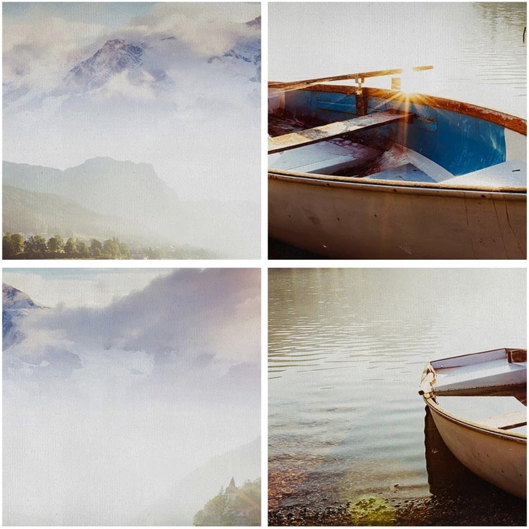 Bilder auf Leinwand Berge See Boot Leinwandbild mit Rahmen 70x50cm Wandbilder Dekoration Wohnzimmer