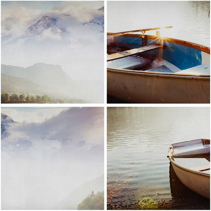 Bilder auf Leinwand Berge See Boot Leinwandbild mit Rahmen 70x50cm Wandbilder Dekoration Wohnzimmer