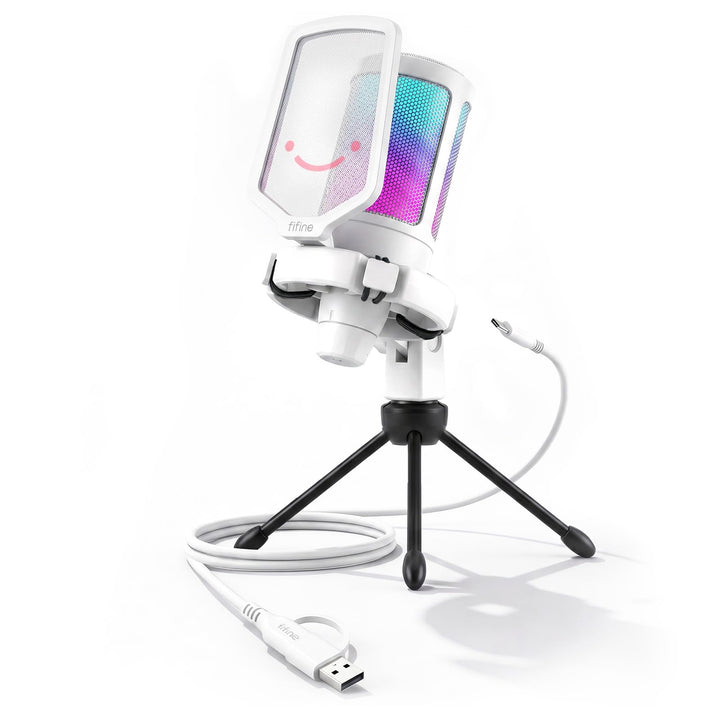 FIFINE Gaming Mikrofon PC, Typ A/C USB Microphone für PS4 PS5 Mac, mit Mikrofon Ständer, Stummschalt