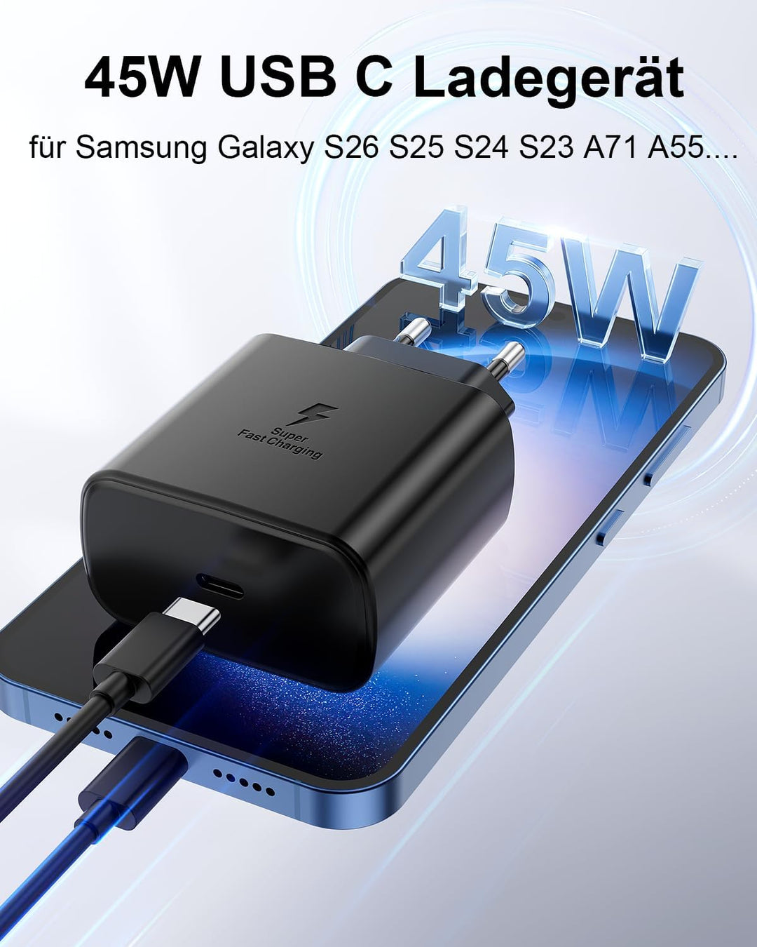 45W USB C Ladegerät für Samsung, 2Pack Handy Schnellladegerät mit 2M Ladekabel, Typ C Schnellladeger
