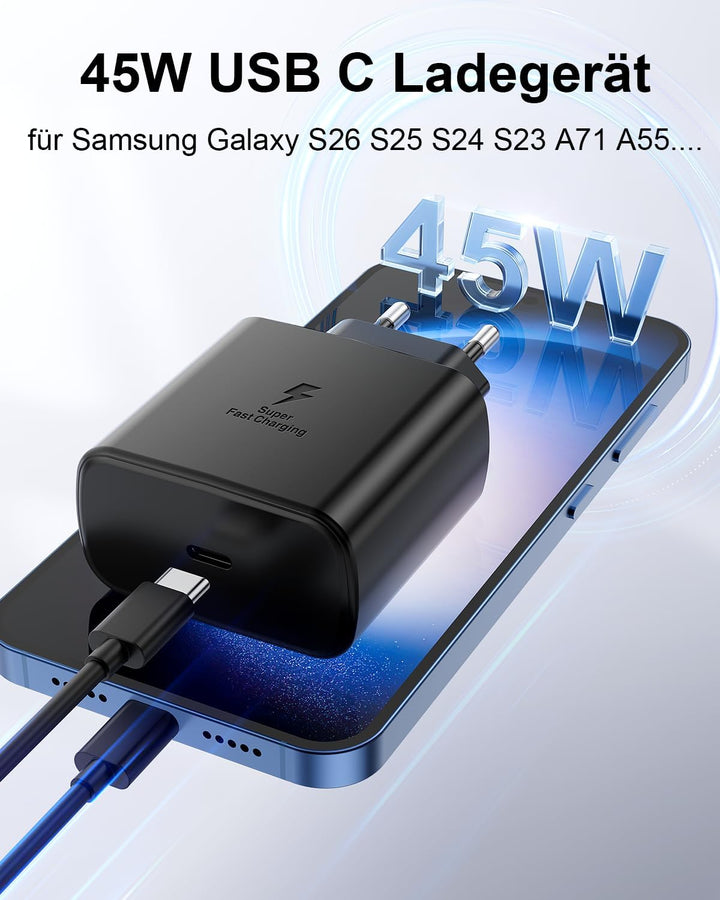45W USB C Ladegerät für Samsung, 2Pack Handy Schnellladegerät mit 2M Ladekabel, Typ C Schnellladeger