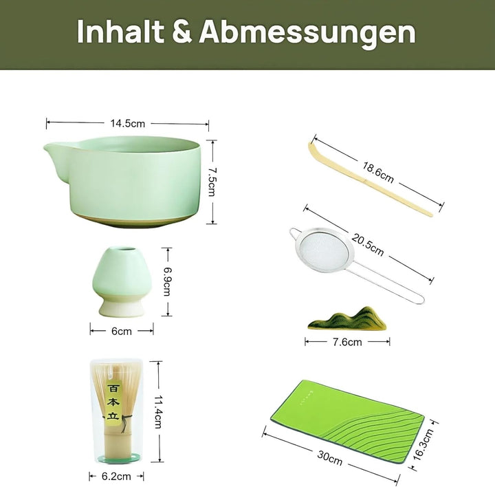 Matcha Set 7-tlg, Hellgrün Matcha Schale aus Keramik mit Matcha Besen aus Bambus und Besenhalter, Si