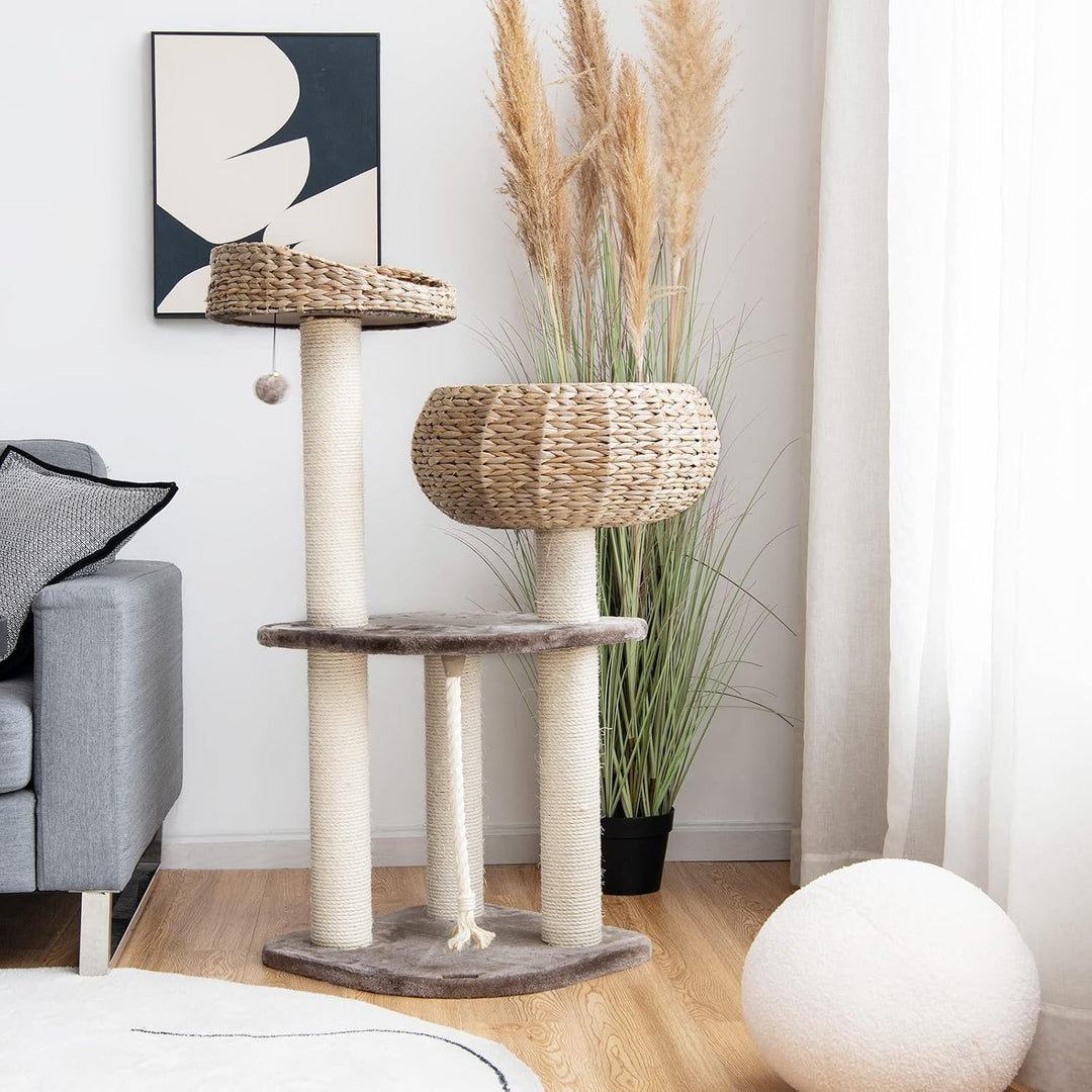 COSTWAY 104cm Kratzbaum, Katzenbaum klein, Katzenkratzbaum mit Sitzstange, Korb, Sisalpfählen, Sisal