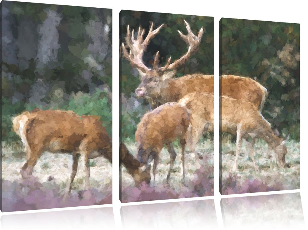 Hirschfamilie auf Waldlichtung NewArt 3-Teiler Leinwandbild 120x80 Bild auf Leinwand, XXL riesige Bi