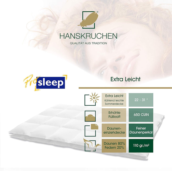 HANSKRUCHEN® Pro Sleep Daunendecke 135x200 cm - Extra leicht / Sommer - Made in Germany Kassettendec