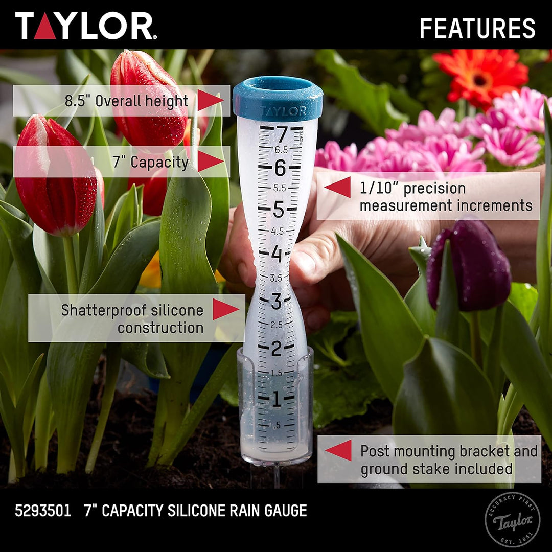 Taylor 17,8 cm Kapazität, leicht zu lesen, bruchsicher, Flexibles Silikon-Regenmesser, Pfostenhalter