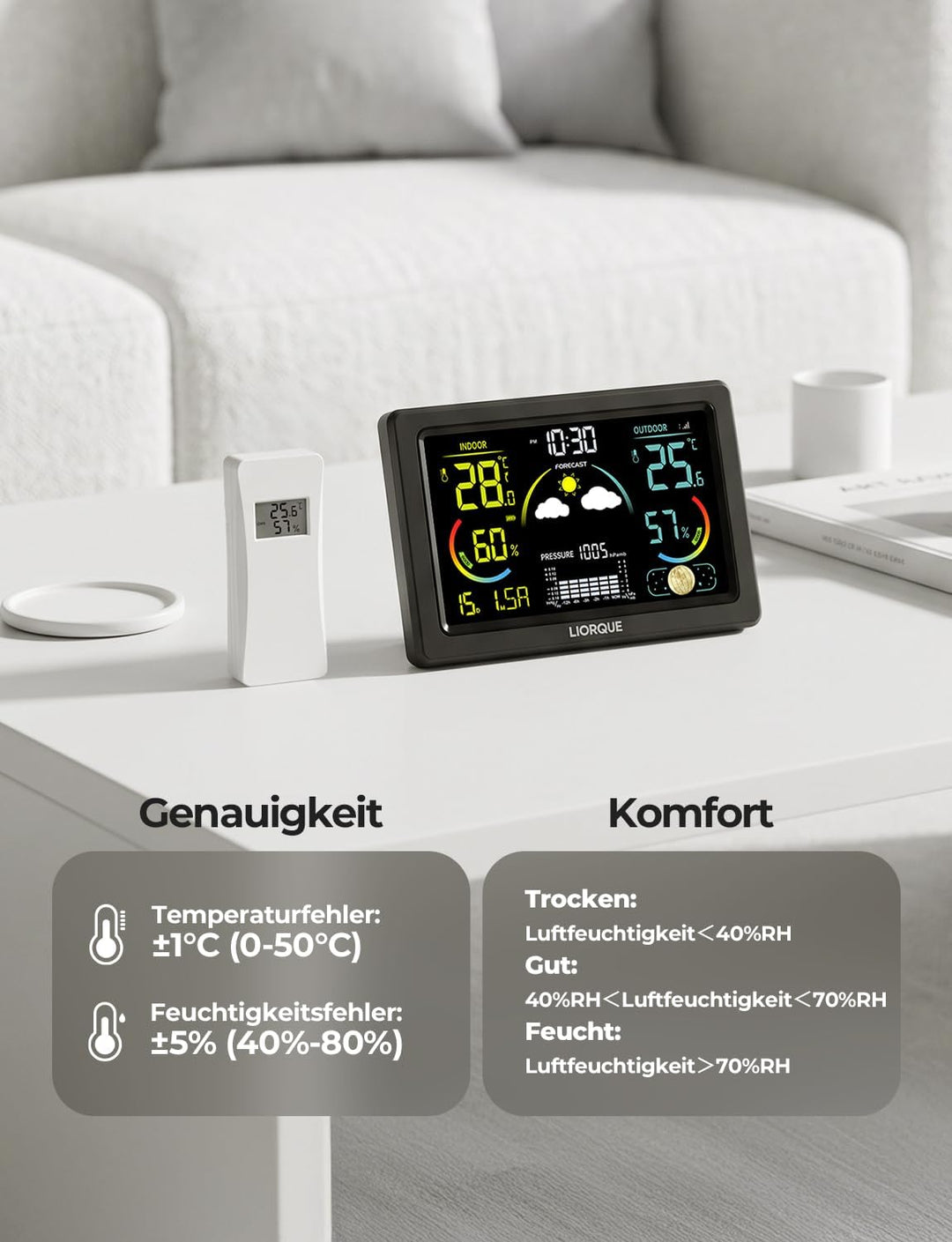 LIORQUE Wetterstation Funk mit Aussensensor, DCF Funkuhr, Funkwetterstation mit Wettervorhersage, In