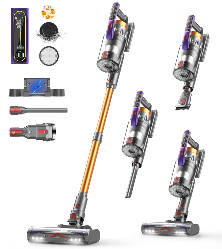CHEBIO Staubsauger Kabellos 48KPA/580W/65Mins, 1.6L Akku Staubsauger mit LED-Display&amp;Anti-Tangle-Bür