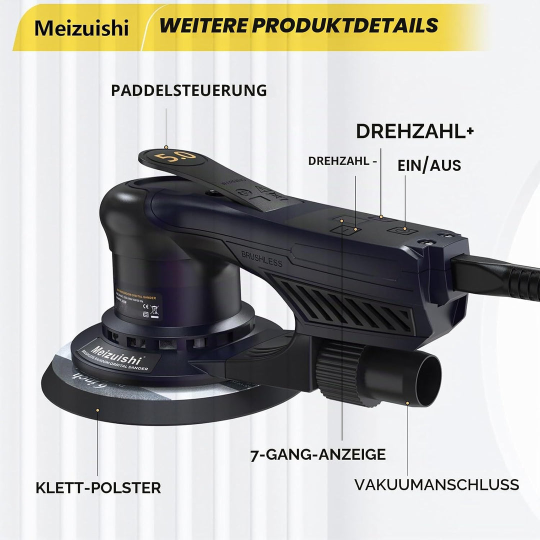 SV1500 Bürstenloser Exzenterschleifer 125/150mm, 360W, 5,0mm Hub, 7 Geschwindigkeiten, 4000–10000 U/