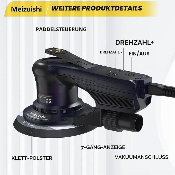 SV1500 Bürstenloser Exzenterschleifer 125/150mm, 360W, 5,0mm Hub, 7 Geschwindigkeiten, 4000–10000 U/