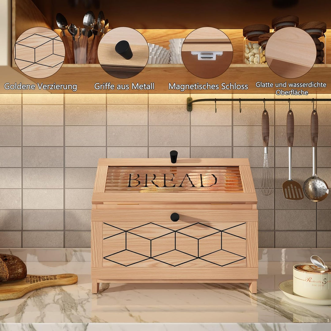 Brotkasten Holz, 2 Etagen Brot Aufbewahrungsbox, Natürlich Brotkasten Gross Mit Transparentem Fenste