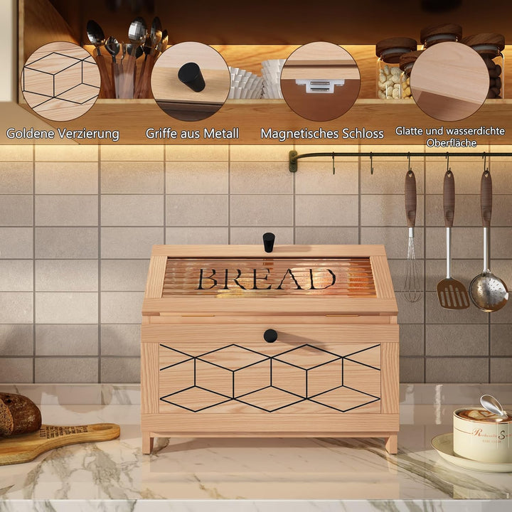 Brotkasten Holz, 2 Etagen Brot Aufbewahrungsbox, Natürlich Brotkasten Gross Mit Transparentem Fenste