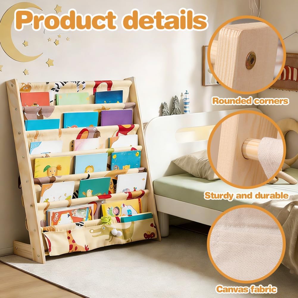 Bücherregal Kinder, Kinderregal mit 6 Oxford-Stoff Fächern, Kinderbücherregal Holzregal Regal mit Au