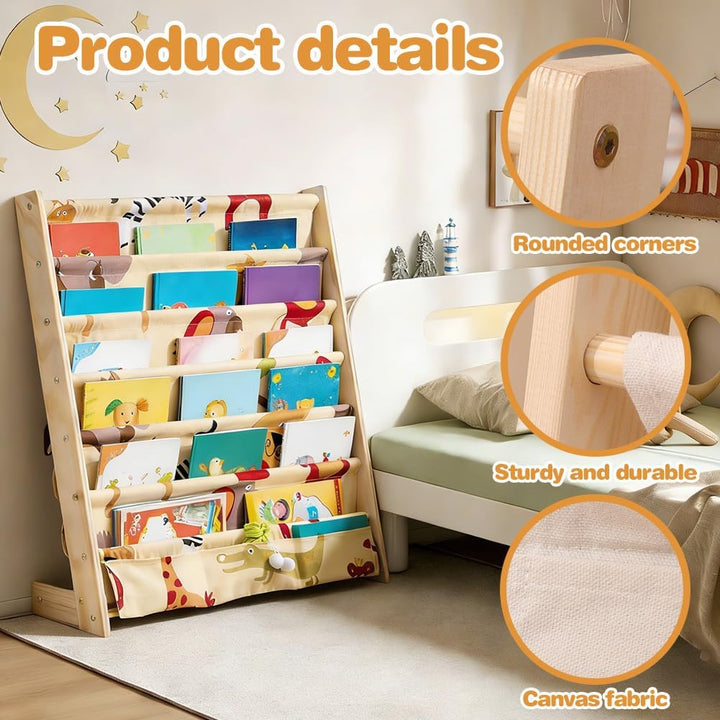 Bücherregal Kinder, Kinderregal mit 6 Oxford-Stoff Fächern, Kinderbücherregal Holzregal Regal mit Au