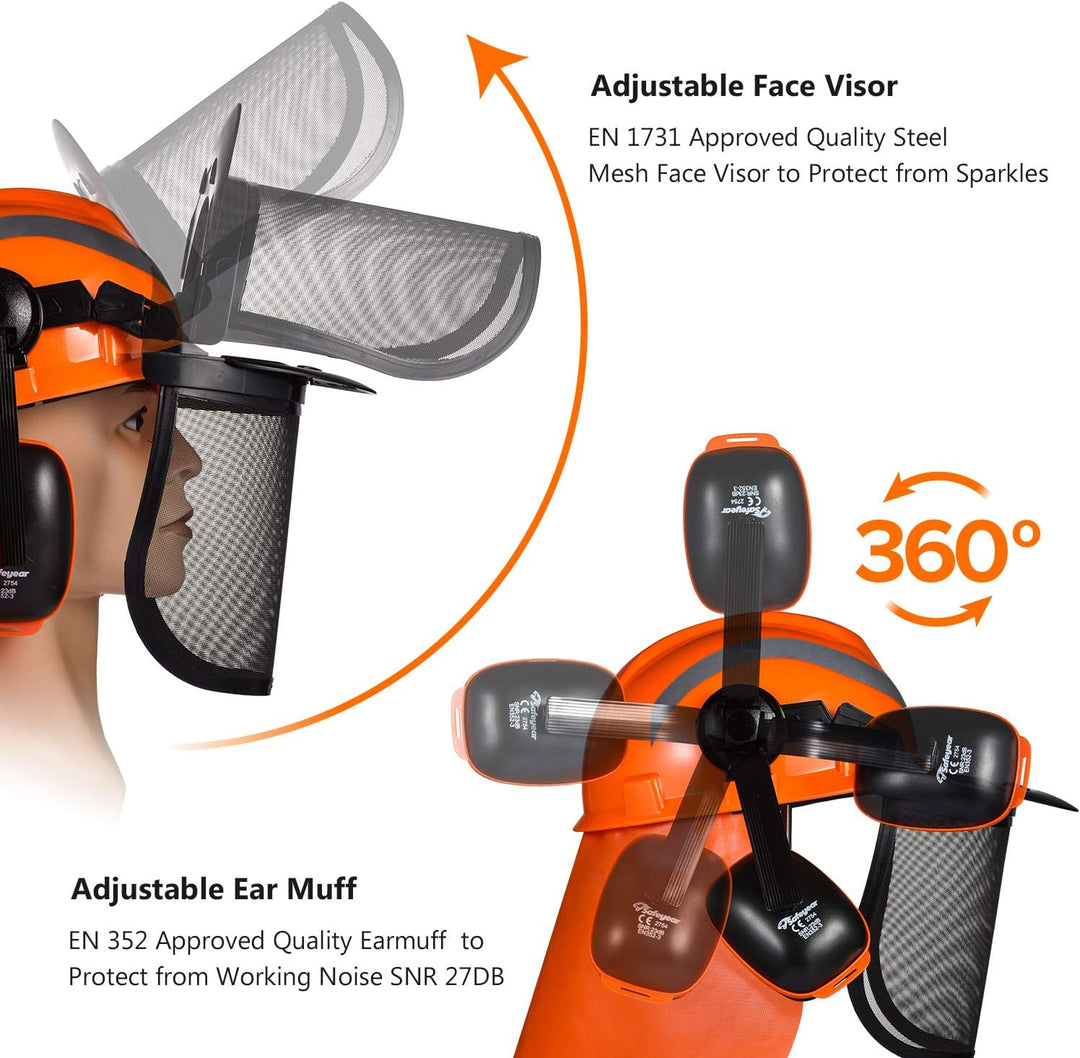 SAFEYEAR Pro Forst-Kettensägen-Schutzhelm mit verstellbaren 27SNR-Ohrenschützern und Mesh-Visier. EN