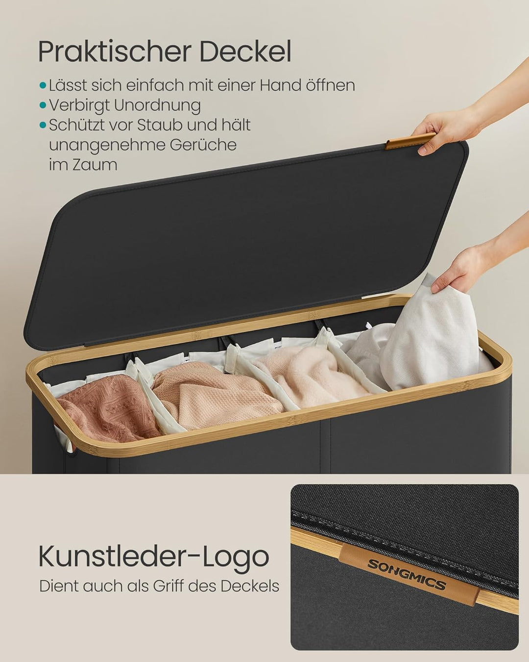 SONGMICS Wäschekorb mit Deckel, Wäschesammler mit 4 Fächern, 200 L, herausnehmbarer Wäschesack, Oxfo