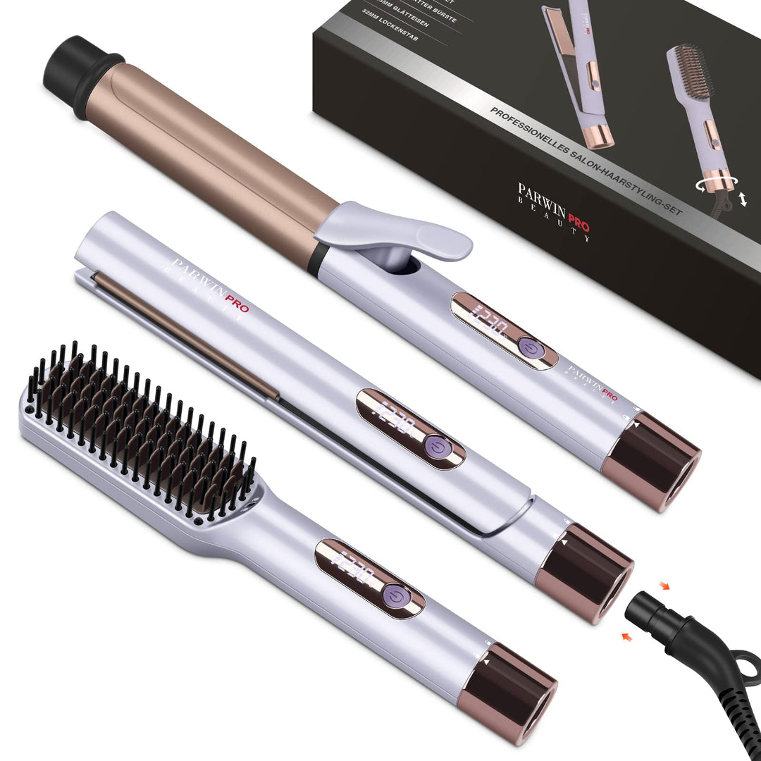 PARWIN PRO BEAUTY 3 In 1 Styling Set, Beinhaltet Glätteisen 25mm -Lockenstab 32mm & GlÄttbÜrste, mit