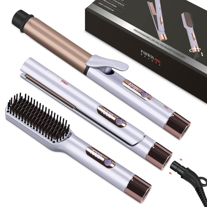 PARWIN PRO BEAUTY 3 In 1 Styling Set, Beinhaltet Glätteisen 25mm -Lockenstab 32mm & GlÄttbÜrste, mit