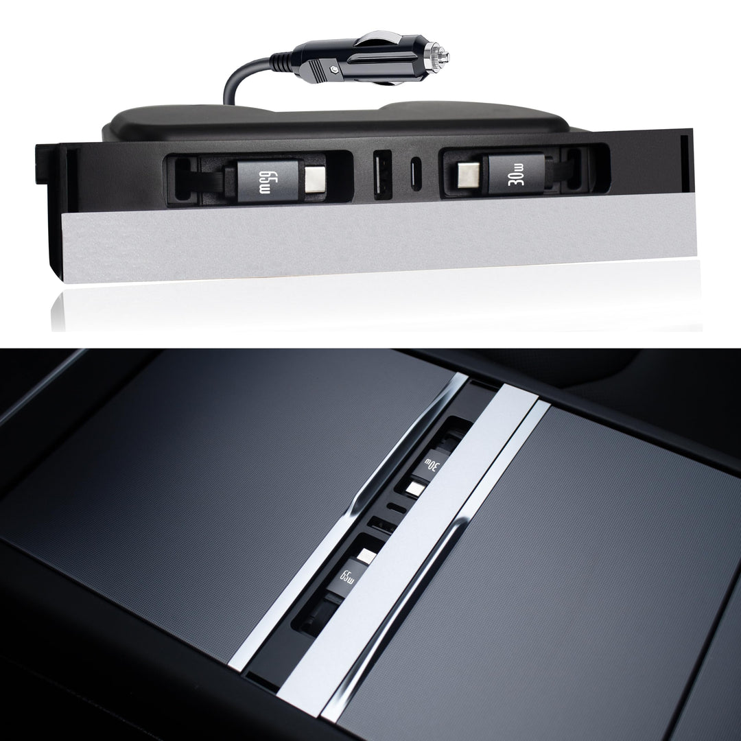 USB-Hub-Ladegerät für Tesla mit 2 Type-C einziehbaren Kabeln für Model 3 Highland 2024-2026 & Model