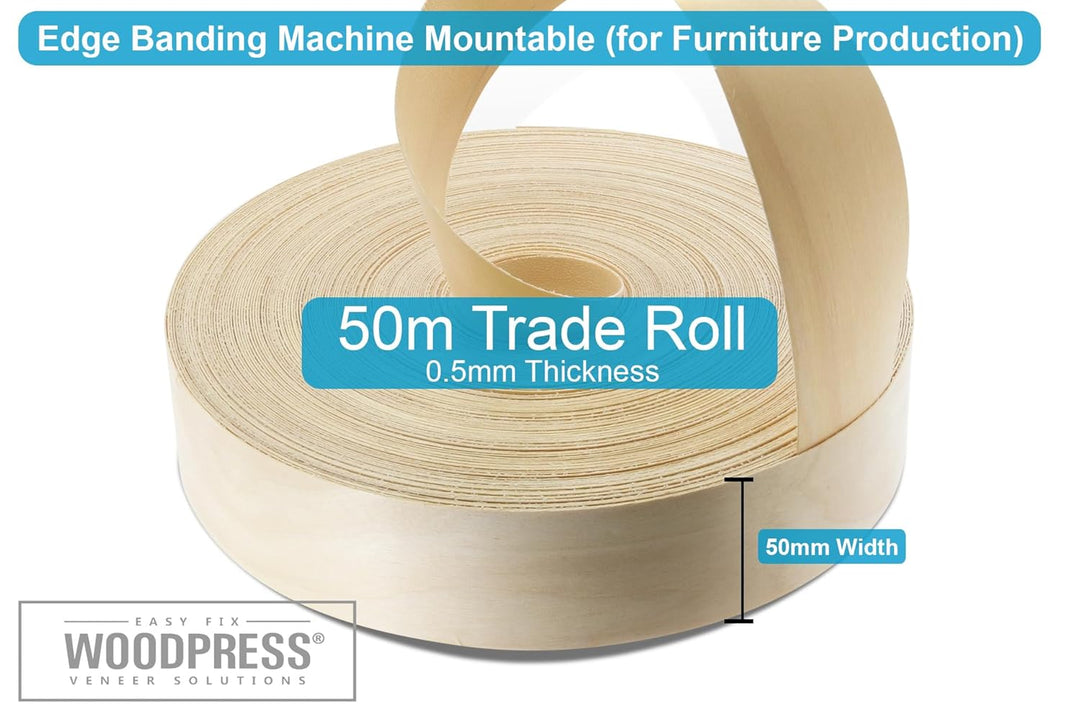 WoodPress® 50 mm Echtholz-Furnierband aus echtem Ahornholz, vorgeklebt, 50 m Handelsrolle, zum Aufbü
