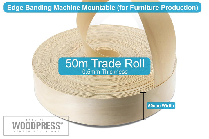 WoodPress® 50 mm Echtholz-Furnierband aus echtem Ahornholz, vorgeklebt, 50 m Handelsrolle, zum Aufbü