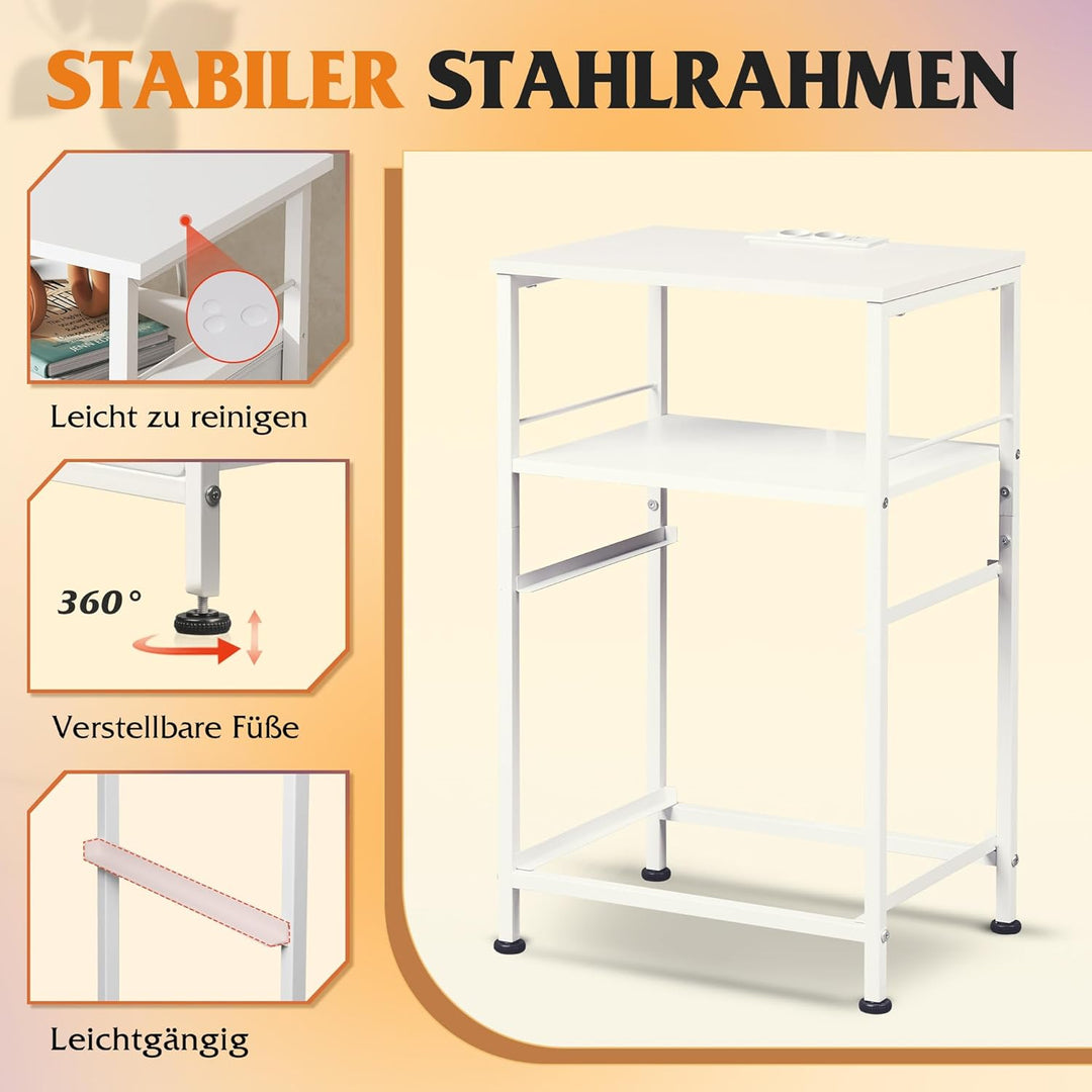 WLIVE Nachttisch Weiss mit Steckdose, Beistelltisch mit 2 Stoff-Schubladen und Ablage, Metallrahmen,